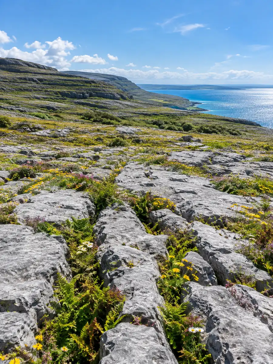 Graues Kalksteinpflaster des Burren mit Wildblumen in den Spalten und der Galway Bay dahinter