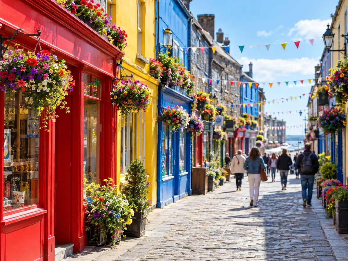 Bunte Ladenfronten und Wimpelketten in einer gepflasterten Fußgängerzone in Galway